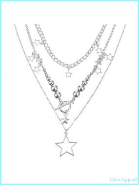 Silver Layered Star Necklace Y2K Grunge Alloy 3-Strand Chain